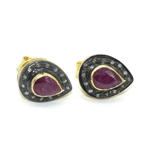 Gold plated Sil Diamond (0.20) Ruby (1.5ct) Earring - Picture 1 of 3